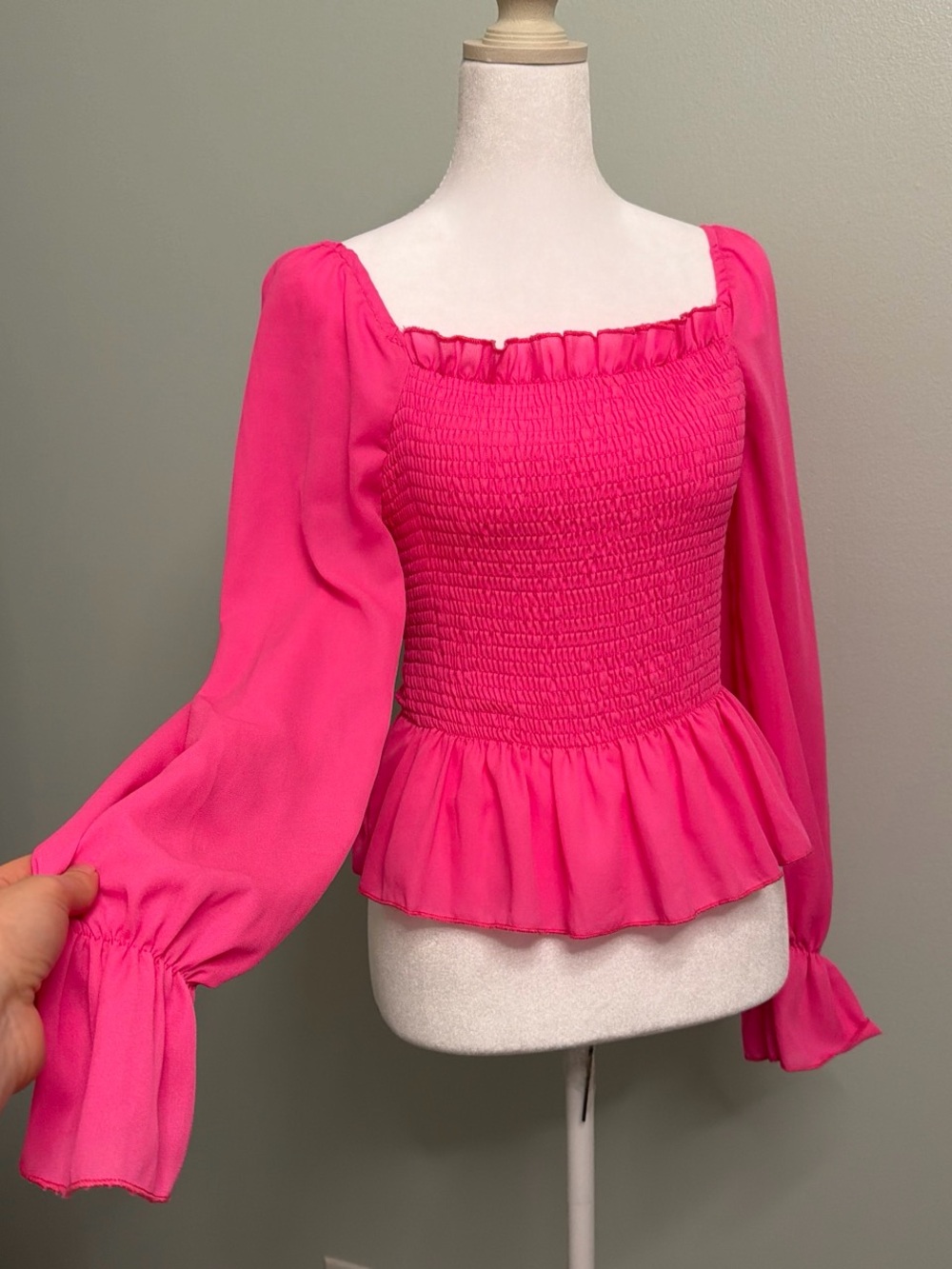 SHEIN Hot Pink Smocked Peplum Long-Sleeve Blouse